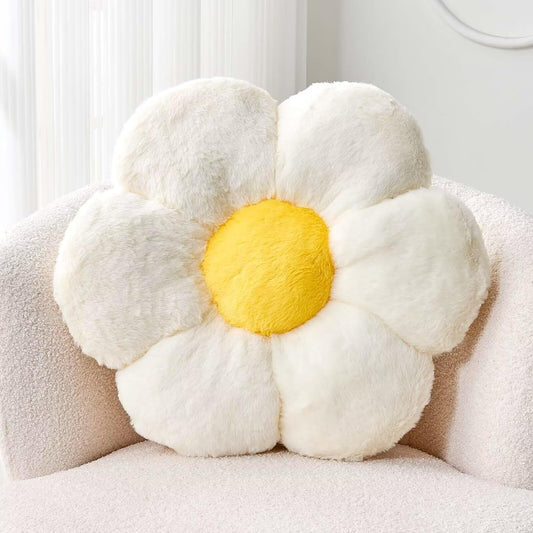 White Flower Plush Throw Pillow, Cute Decorative Flower Shaped with Faux Rabbit Fur, 19.6" Soft Plush Floor Pillow for Bedroom Living Room