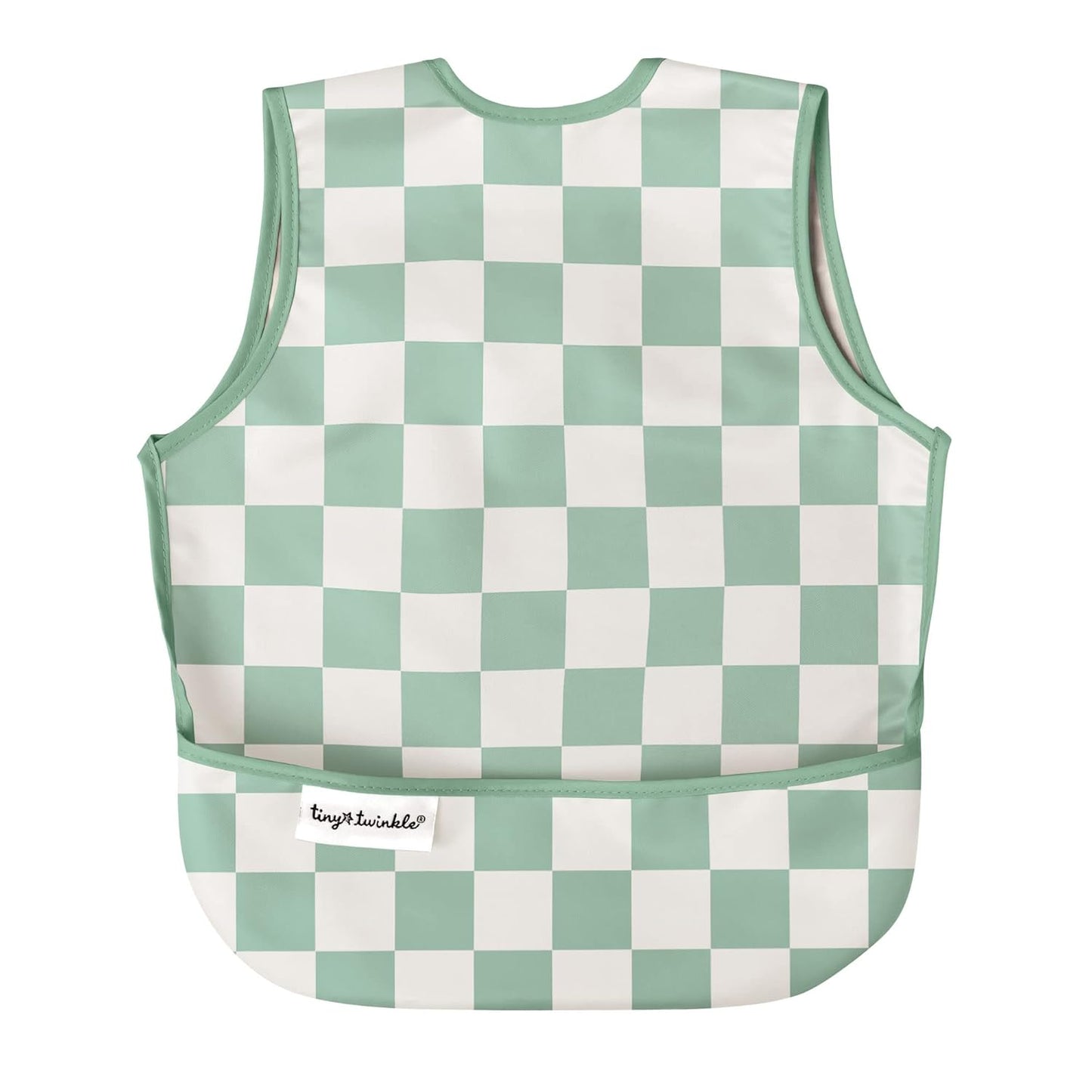 Tiny Twinkle Mess Proof Baby Bib - Waterproof & Lightweight Baby-Led Weaning Apron | 100% Recycled Polyester, Easy Clean & Machine Washable (Green Checkers, Large 2-4 Years)