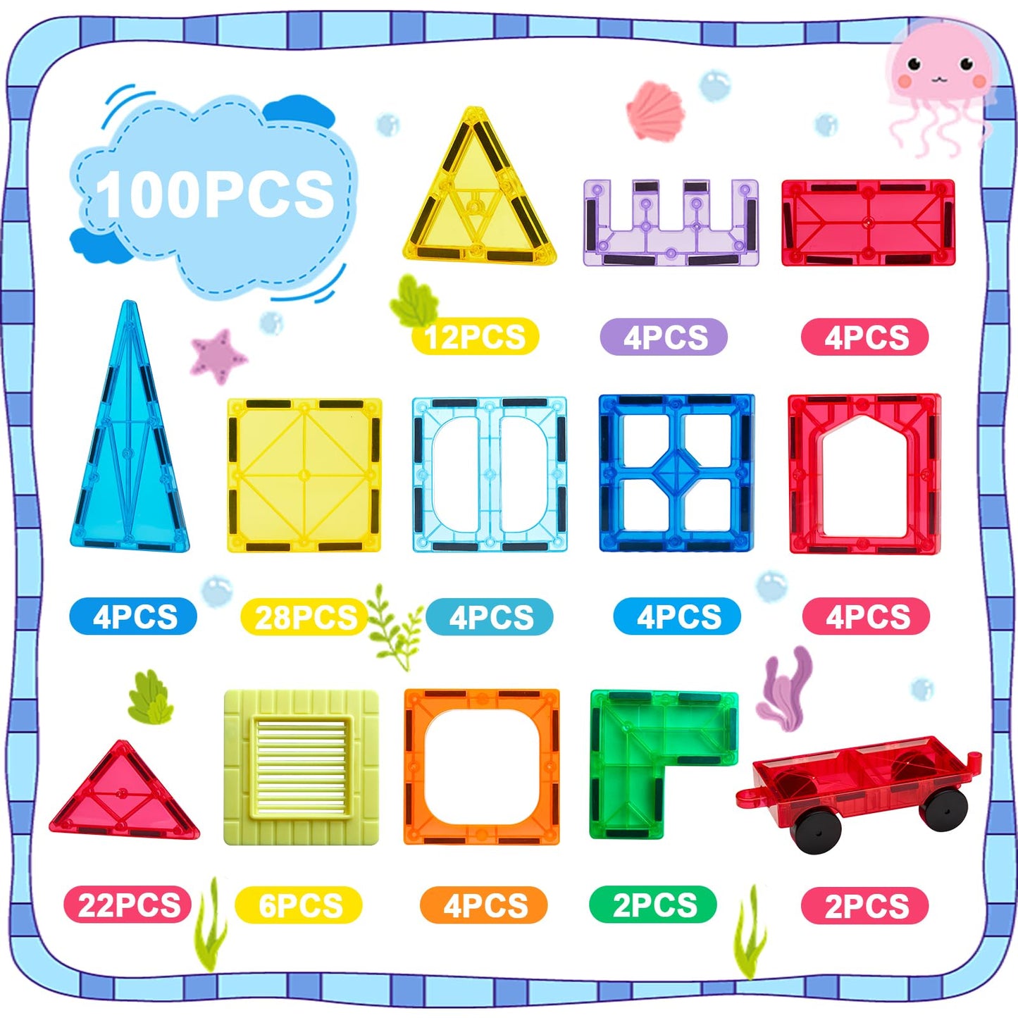 Anbalulu Magnetic Tiles 100PCS with 2 Cars, Set for Kids Ages 3-9