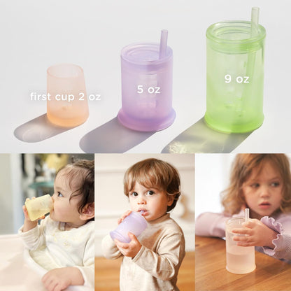 Olababy First Cup | Clear Sense 100% Silicone Infant Trainer Cup | 2oz Medicine Cup for Newborn | Non-Slip & Sloping Design for Tiny Hands & Baby Led Weaning (Coral/Lemon, 2 Cups)