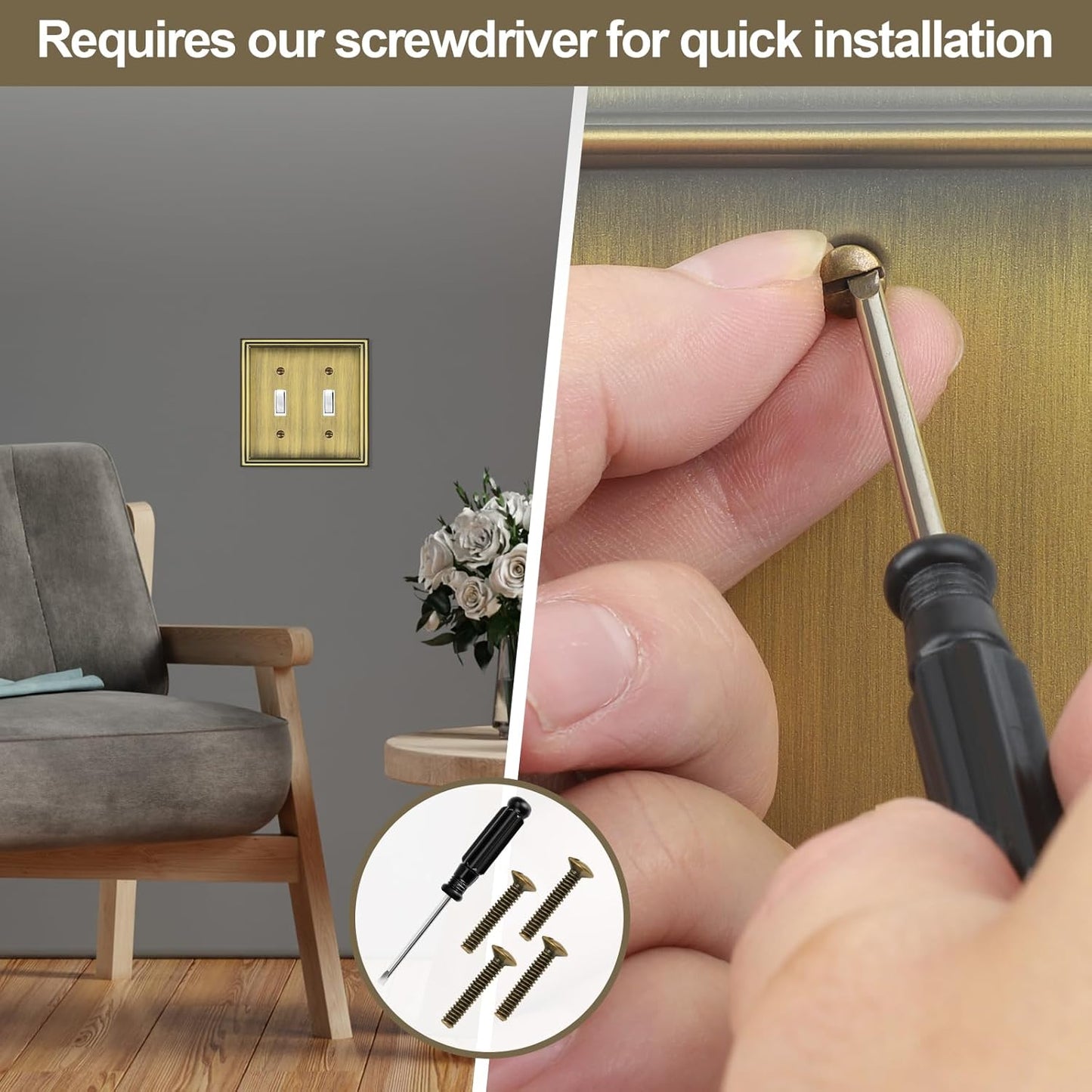 Double Toggle Light Switch Covers Plate, Metal Material 2 Gang Wall Plates for Double Light Switch, Antique Brass Decorative Switch Plate Cover - Classic Style, 3 Pack