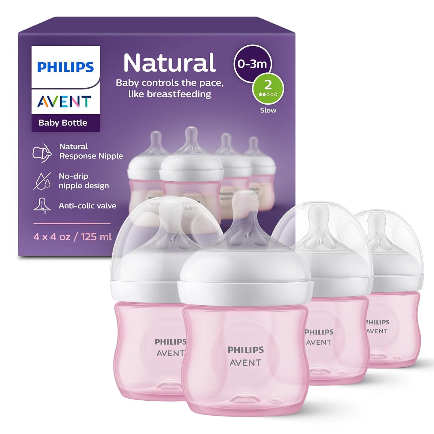 Philips Avent Natural Baby Bottles with Natural Response Nipples (Slow Flow, Flow 2), 4oz, Pink