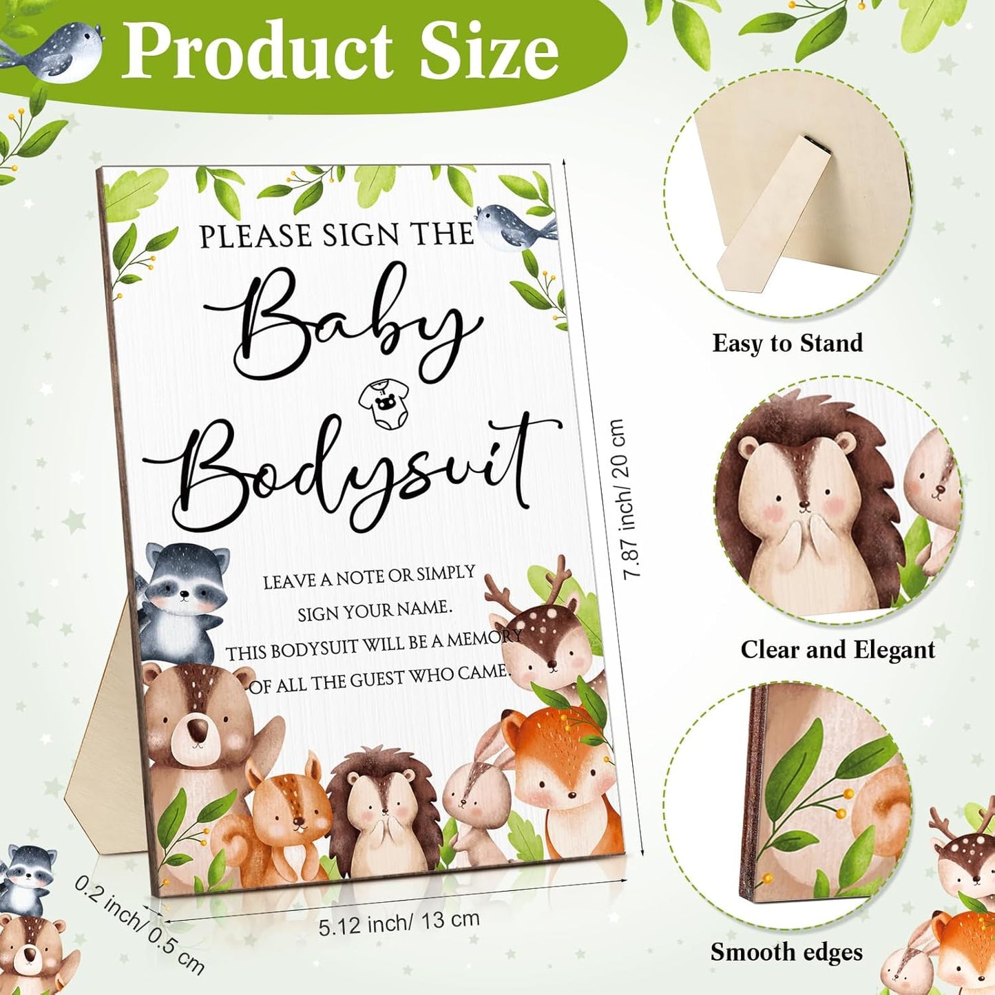 Qunclay 12 Pcs Baby Bodysuit Baby Shower Game Include 1 Game Wooden Sign Tabletop Decor 1 White Blank Newborn Bodysuit 10 Fabric Marker for Gender Reveal Party(Woodland)