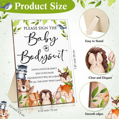 Qunclay 12 Pcs Baby Bodysuit Baby Shower Game Include 1 Game Wooden Sign Tabletop Decor 1 White Blank Newborn Bodysuit 10 Fabric Marker for Gender Reveal Party(Woodland)