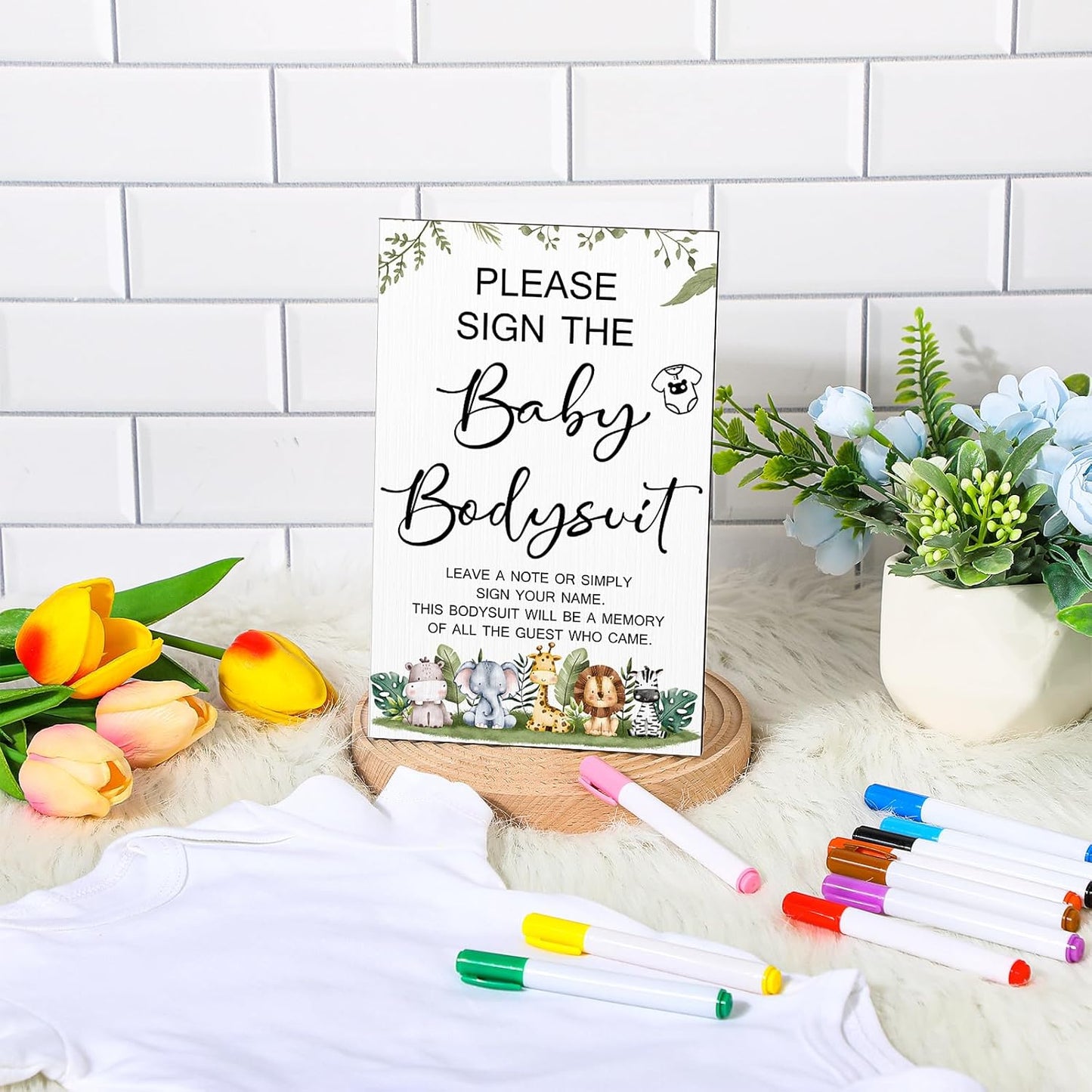 Qunclay 12 Pcs Baby Bodysuit Baby Shower Game Include 1 Game Wooden Sign Tabletop Decor 1 White Blank Newborn Bodysuit 10 Fabric Marker for Gender Reveal Party(Safari)