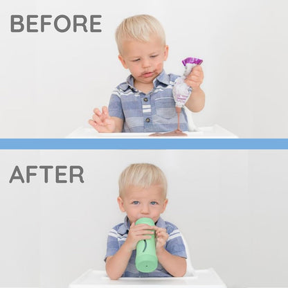 Subo Baby Food Bottle Starter Set | No Mess Baby Toddler Self Feeder | Squeeze Free Design for Purees, Smoothies, Yogurt, Oatmeal, or Thickened Liquids | Reusable Silicone Washable Cup (Blue)