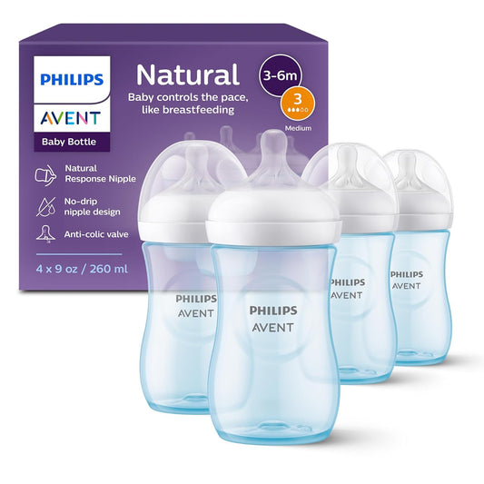 Philips Avent Natural Baby Bottles with Natural Response Nipples (Medium Flow, Flow 3), 9oz, Blue