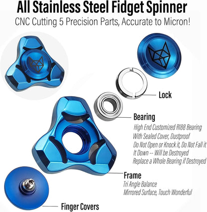 FREELOVE Metal Fidget Spinner, Stainless Steel Heavy, Long Spinning Toys, Cool Silent, Small Mini Fox Figette Spiner for Adults Men Anxiety, Quiet Bearing, Blue