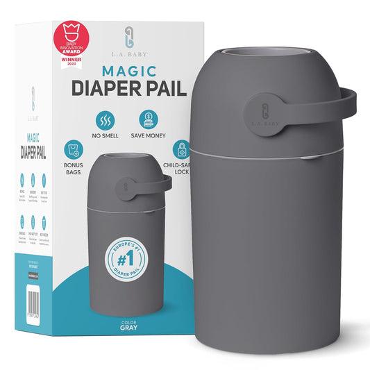 L.A. Baby Magic Diaper Pail - Patented 100% Odor-Free System with Child-Safe Lock - Award-Winning Design - No Refills Required - Works with Regular Trash Bags - Gray
