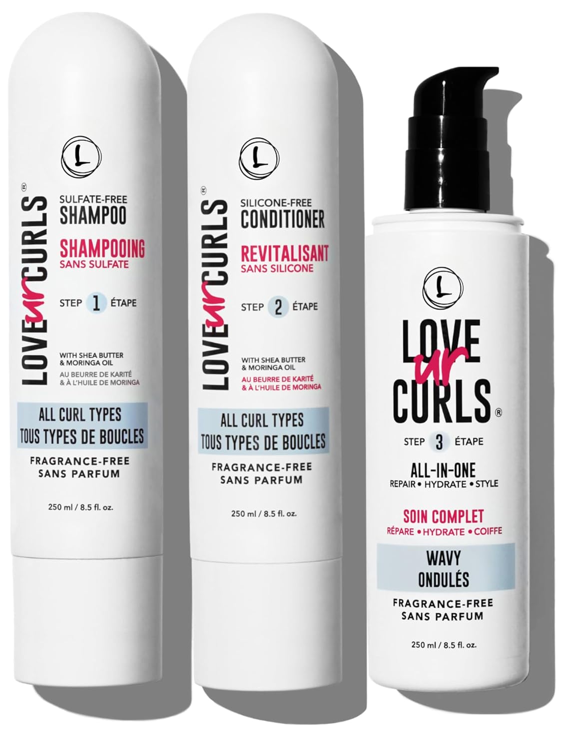 Love Ur Curls Fragrance Free Curly Shampoo and Conditioner Set with All in One Curl Cream Styler