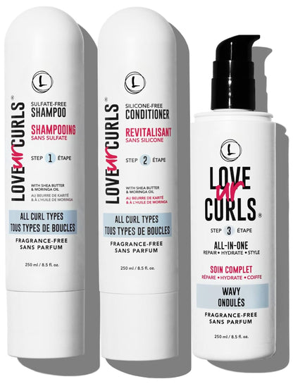 Love Ur Curls Fragrance Free Curly Shampoo and Conditioner Set with All in One Curl Cream Styler