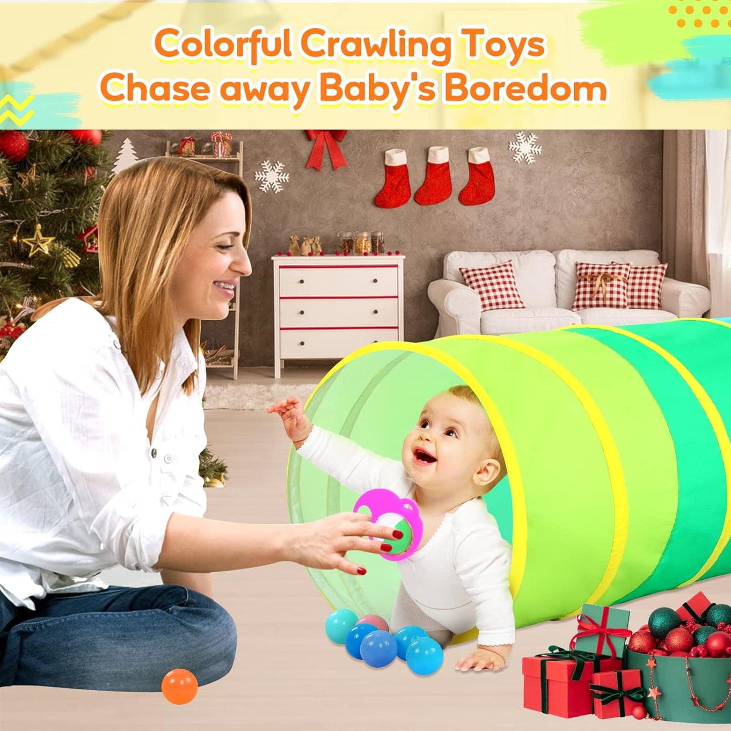 Moncoland Kids Play Tunnel Tent for Toddlers, Colorful Cotton Pop Up Crawl Tunnel Toy for Baby Infant Children or Dog Cat Pet, Collapsible Gift for Boy and Girl and Game (Cotton Baby Tunnel)