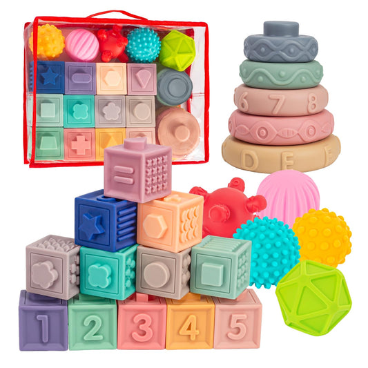 3 in 1 Baby Toys,Montessori Baby Blocks for 0-3-6-12 Months Babies