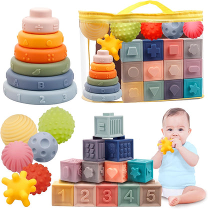 Montessori Toys for Babies 6-12 Months, Soft Baby Blocks Toys Set, 3 in 1 Infant Stacking Building