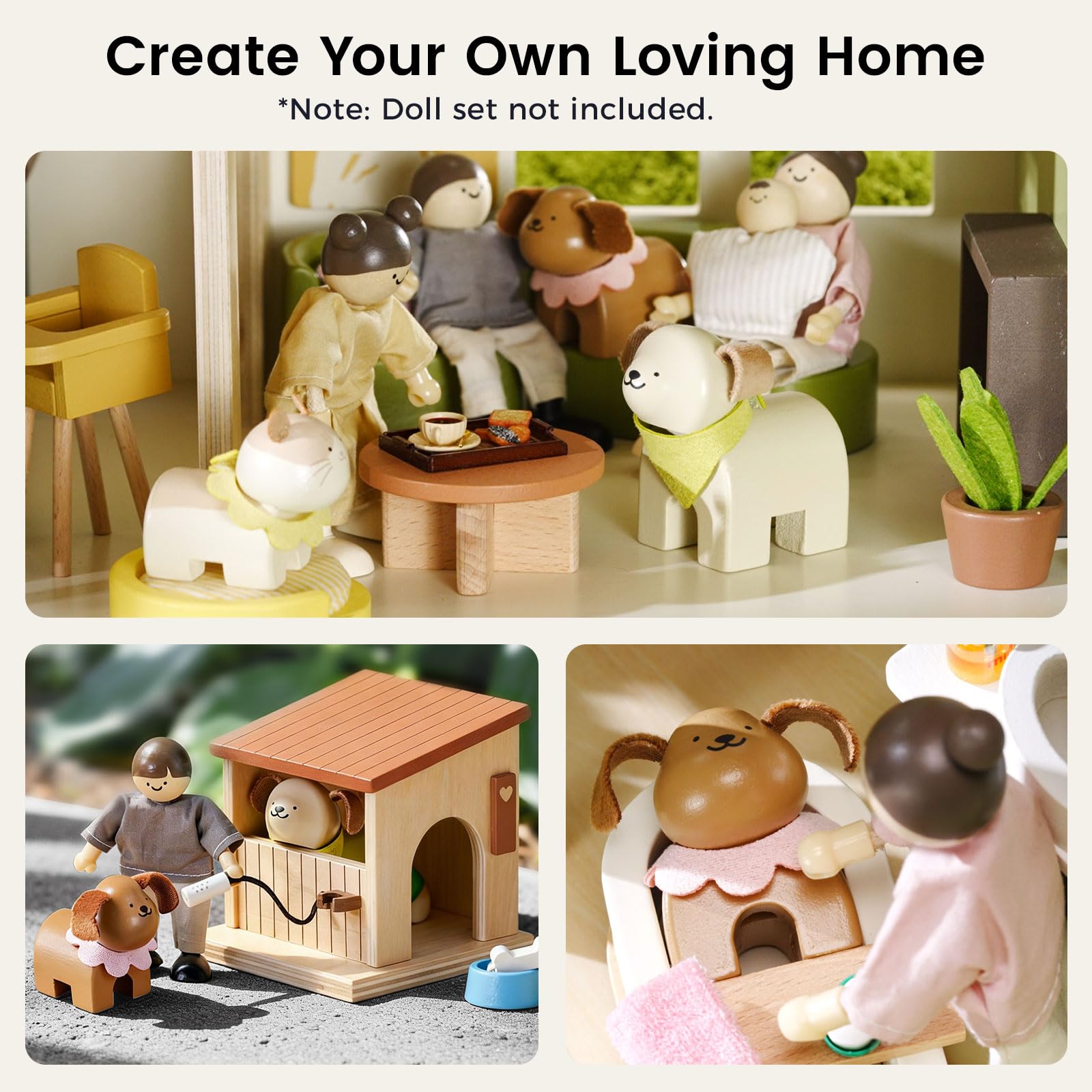Tiny Land Wooden Dollhouse Animal Set for Toddlers, Dollhouse Accessories