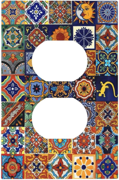 Talavera Mexican Tiles Traditional Color Decoration Print Outlet Covers 1 Gang Duplex Light Switch Cover Decorative Switch Plates Electrical Receptacle Faceplate Wall Plate for Kitchen Bathroom Decor