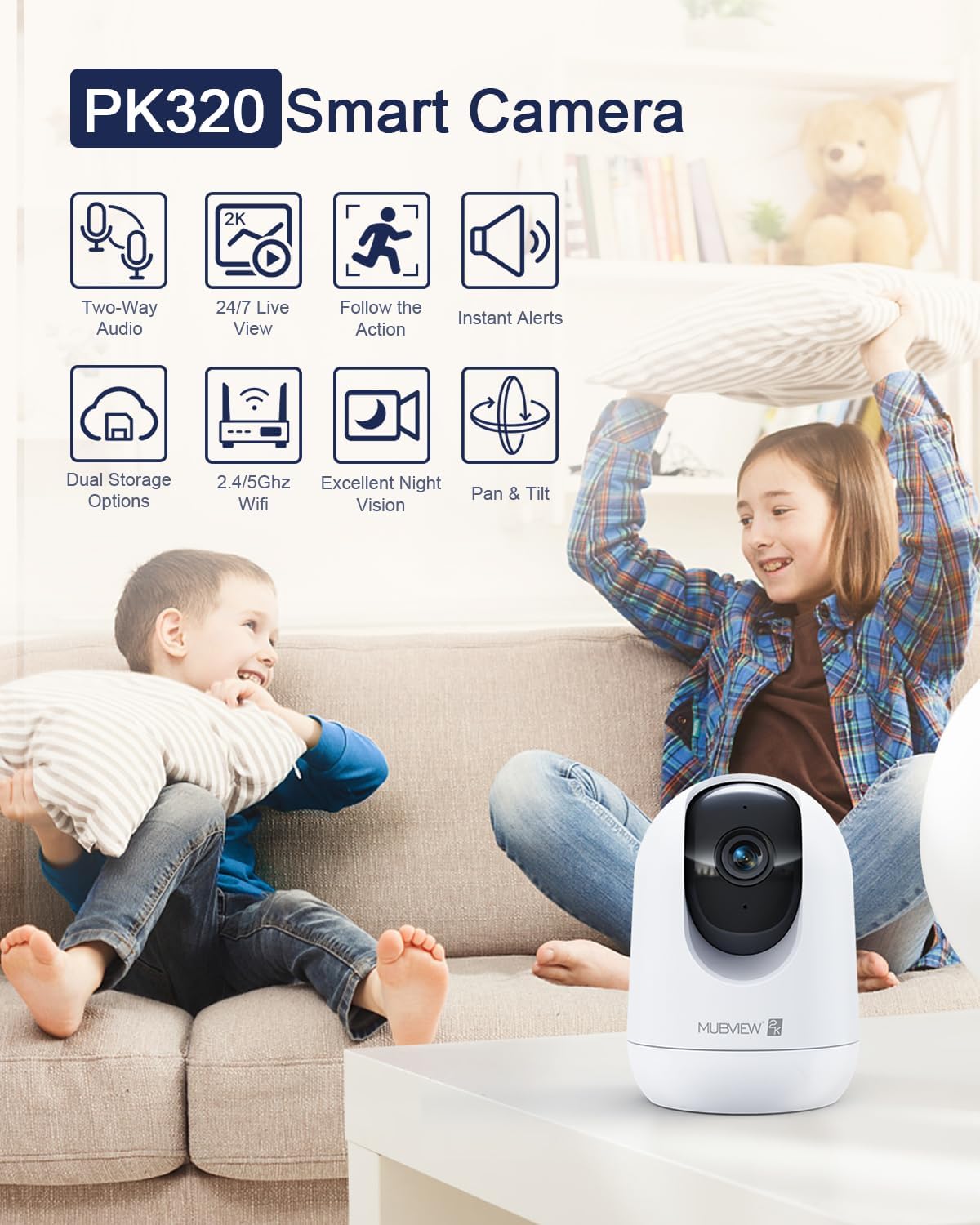 MUBVIEW Pet Camera with Phone App, Indoor Security Camera, 2.4/5GHz WiFi Cameras for Home Security, Wired Cameras for Dog/Elder/Baby, Motion Tracking, PT, 7X24, Two-Way Audio, 2K Night Vision (4 Pack)
