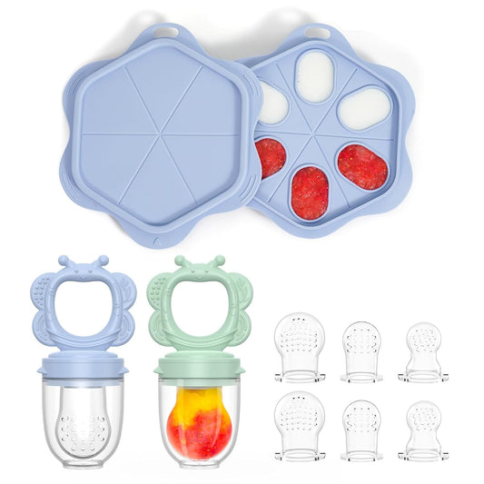 Silicone Baby Fruit Food Feeder (2 Pack) with Freezer Nibble Tray, Breastmilk Popsicle Molds for