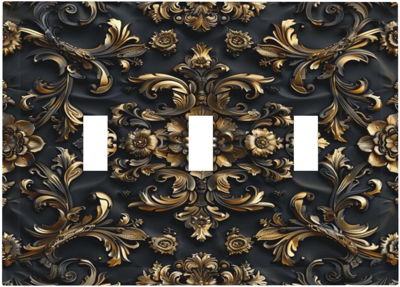 Decorative Switch Covers Plate Rococo Vintage Black Golden Leaf Morris Vine 3 Gang Artistic Wall Plate Unique Triple Toggle Light Switch Plate Jumbo Faceplate for Bedroom Home Decor