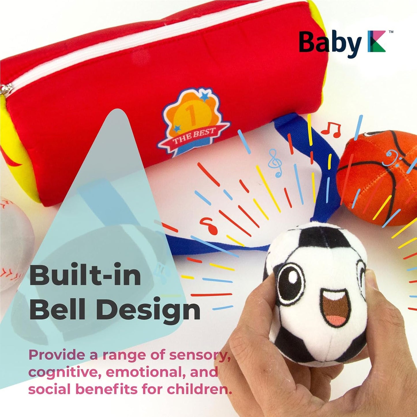 My First Sports Bag with 4 Plush Sports Balls - Rattle Balls for Baby with Soft Football, Basketball, Baseball, Tennis Ball & Soccer Ball for 1 Year Old Toys - Baby Toys for Toddler