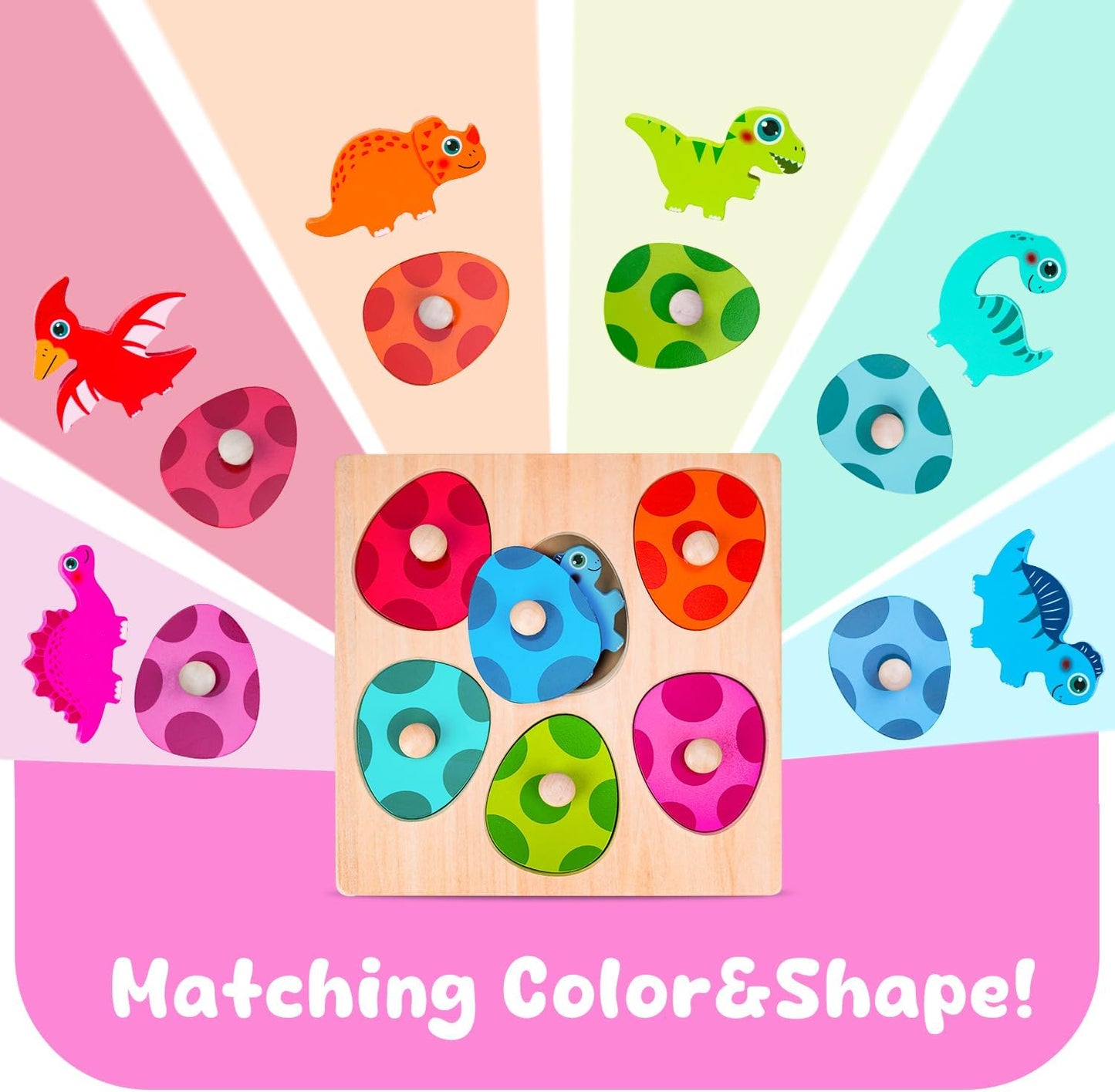 Dinosaur Wooden Toddler Puzzle 1-3, Montessori Toys for 1 2 3 Year Old, Dinosaur Eggs Peg Puzzles, Kid Wooden Puzzles Ages 2-4, Dinosaur Toy for Toddler Kid, Preschool Education Learning Toys