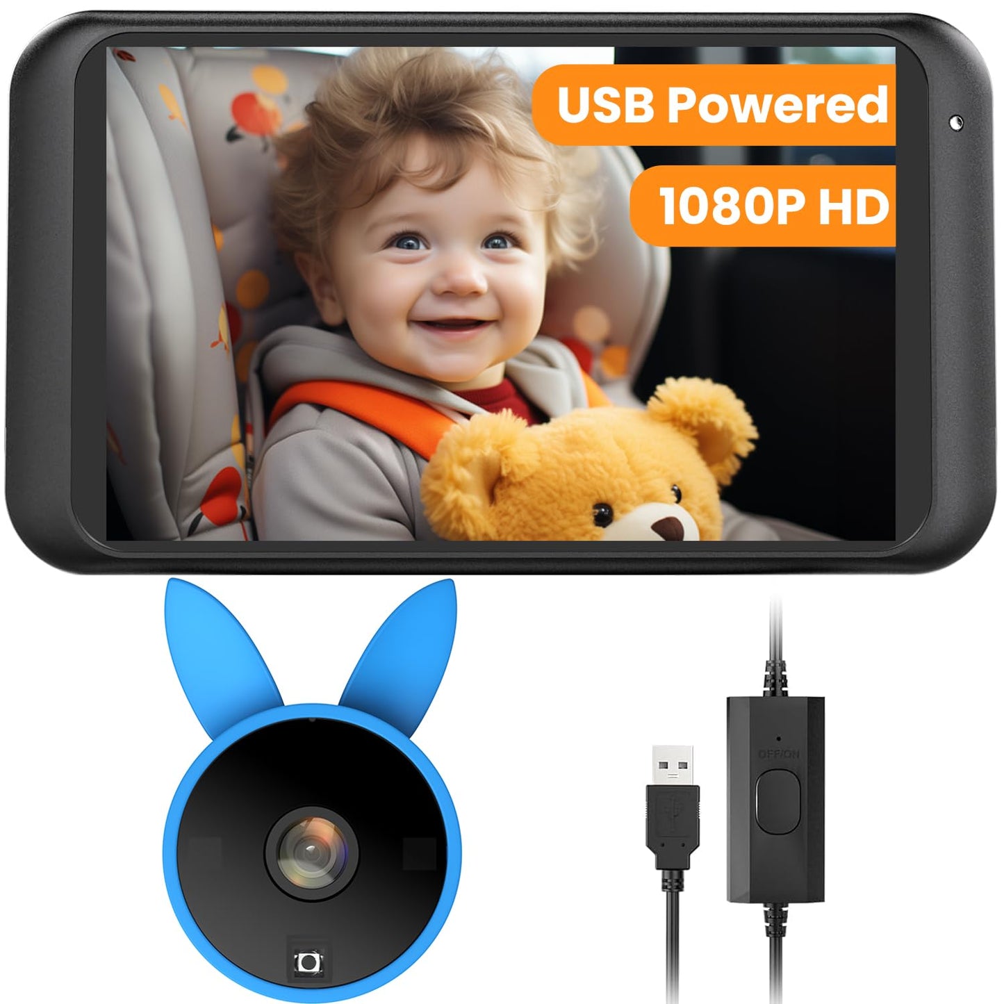 BV2 USB Car Camera for Baby : 4.5" Car Seat Camera with 1080P Crystal Clear Mirror View, Easy Installation Carseat Rear Facing Moitor for Pet & Kids, HD IR Night Vision Backseat Monitor