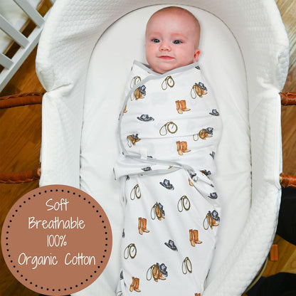 LollyBanks 100% Organic Cotton Baby Boy Essentials Swaddles 0-3 Months, Newborn Swaddle with Easy Change Zipper, Western Baby Swaddle Blanket Wrap (Cowboy Print)