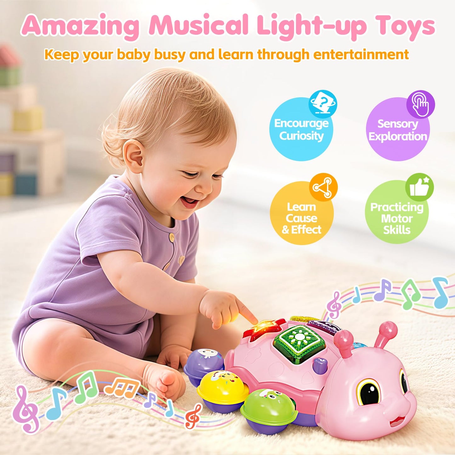 Baby Toys 6-12 Months, Musical Crawling Infant Toys with Lights Sound, Pink