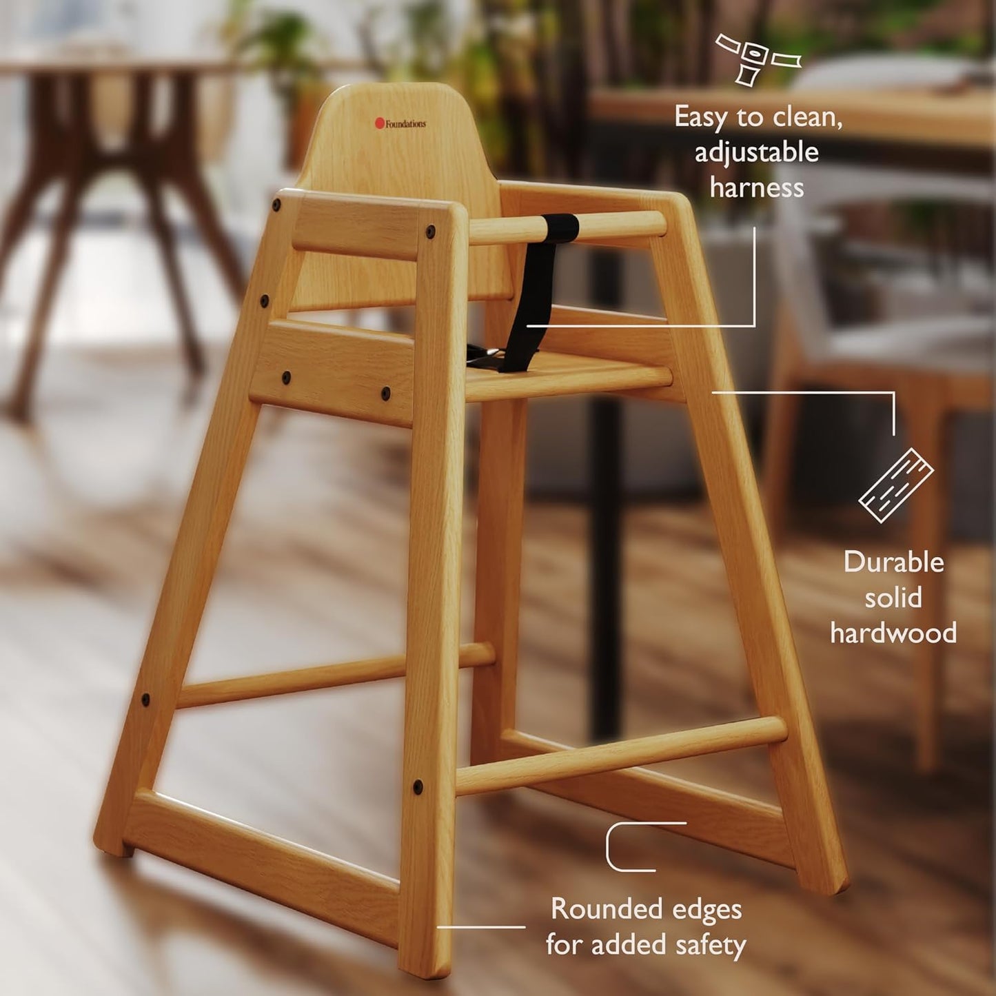 Foundations Neat Seat Wood Highchair for Restaurants, Easy to Clean, “No-tip” Feet, 3-point Safety