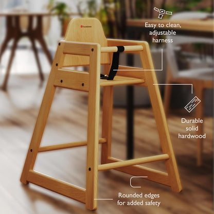 Foundations Neat Seat Wood Highchair for Restaurants, Easy to Clean, “No-tip” Feet, 3-point Safety