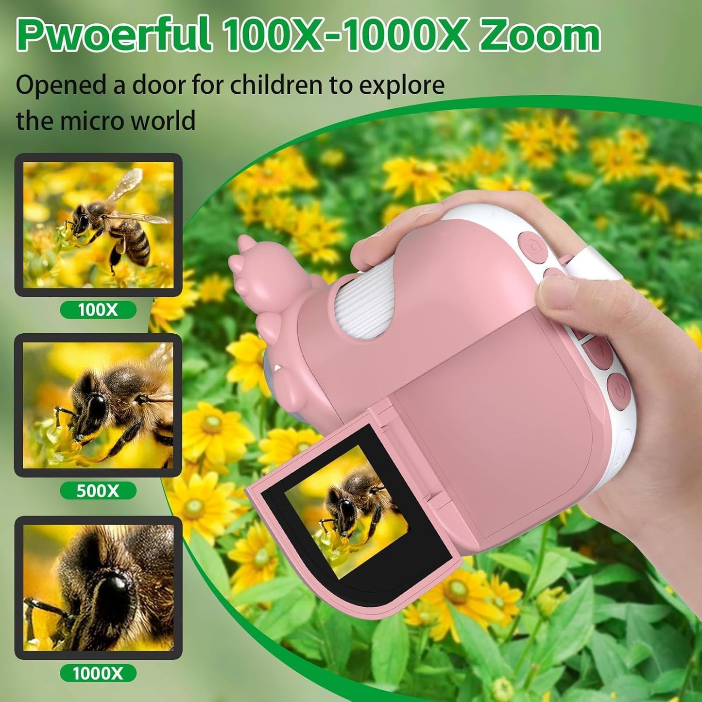 Kids 1000X Handheld Portable Microscope With 8 Adjustable LED Lights, 2-Inch LCD Screen Pocket Mini Telescope for Kids Toddlers - Education Christmas Birthday Gifts Toys