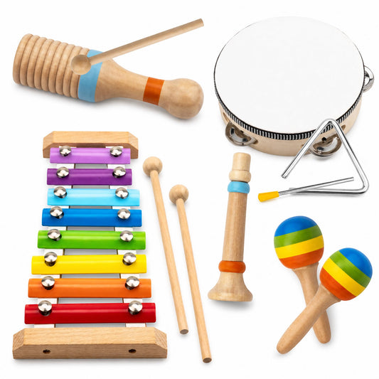 Montessori Wooden Musical Instruments for Toddlers, Educational Baby Drum Set with Xylophone &