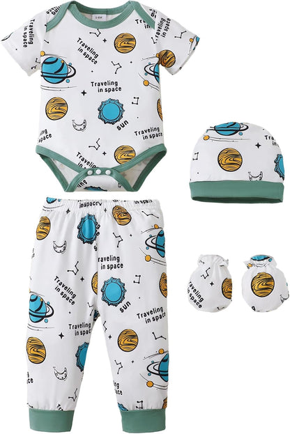 NZRVAWS Newborn Baby Boy Girl Clothes Unisex Infant Romper Pants Set Hat 4-Pack Outfits 0-12 Months 16 Pieces Toddler