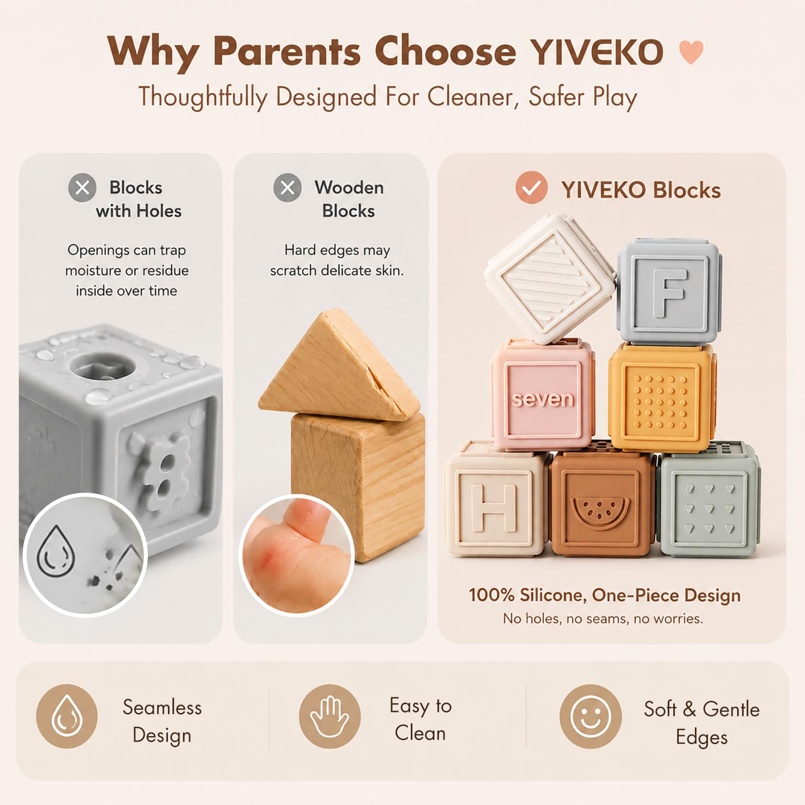 YIVEKO Baby Blocks Stacking for Babies Silicone Soft Building Blocks Teethers Montessori Toys for