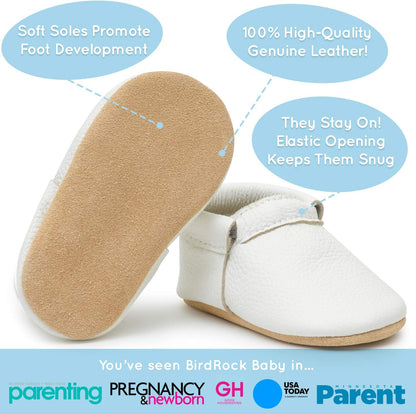 BirdRock Baby Fringeless Moccasins - Genuine Leather Boys and Girls Shoes for Newborns, Infants, Babies, Toddlers