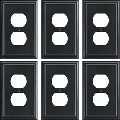 6-Pack Single Duplex Outlet Cover Plate, Decorative Black Switch Plates and Outlet Covers, Metal Wall Plates for Electrical Outlets, 1 Gang Receptacle Cover, Corrosion Resistant