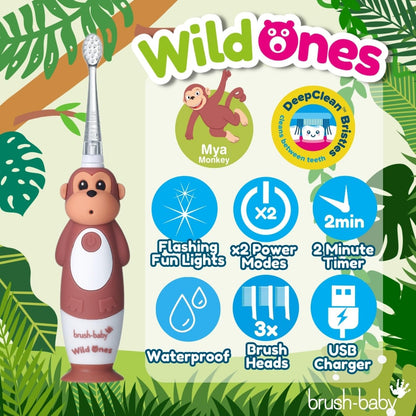 brush-baby WildOnes™ Rechargeable Kids Electric Toothbrush – Monkey | Flashing Lights, 2-Min Timer