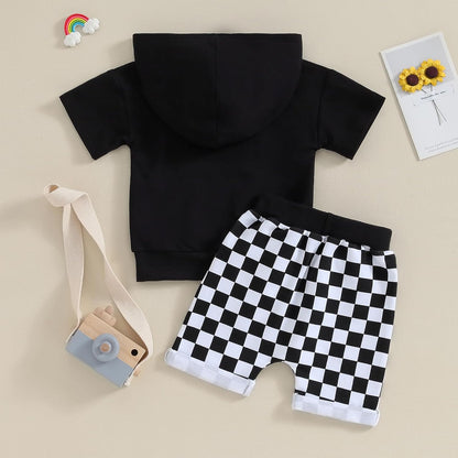 Toddler Baby Boy Summer Hooded Outfit Contrast Color Short Sleeve T Shirt Top Elastic Shorts Summer Clothes Set