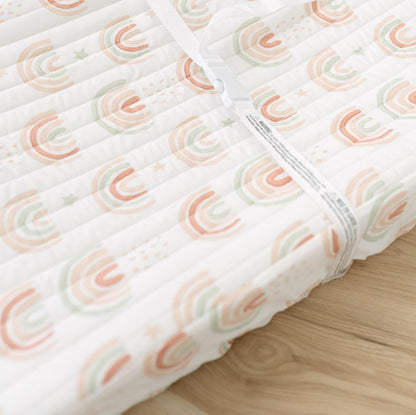 Crane Baby Quilted Changing Pad Cover, 100% Cotton Sateen, 16 X 32, Secure Elastic Fit, Machine Washable, Pink Rainbow Nursery Decor for Girls