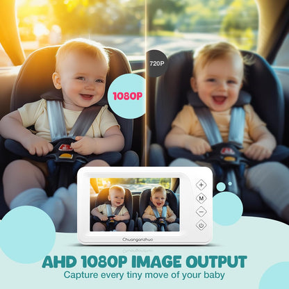 Baby Car Camera with Advanced Crystal-Clear Night Vision, 3X Zoom, USB Powered, 5'' AHD 1080P IPS Car Baby Monitor, Backseat Camera for Kids Infants Rear Facing Mirror, 5inch, White