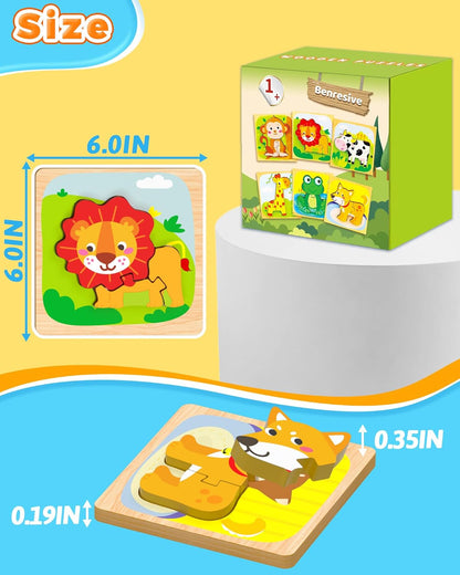 Benresive Wooden Toddler Puzzles, 6pcs Animal Montessori Toys for 1-3 Year Old Boys & Girls, Learning Educational Preschool Toys, Great Gifts for 1 2 3 Year Olds
