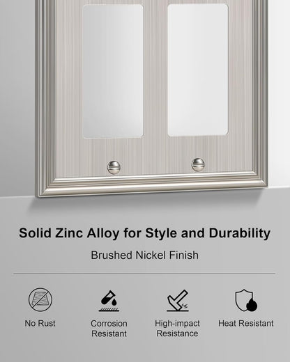 2-Pack Decorative Double Decorator Outlet Cover Plate, Durable Zinc Alloy Brushed Nickel Wall Plates for Electrical Outlets, Receptacle, GFCI Outlet, Dimmer Switch, 2-Gang