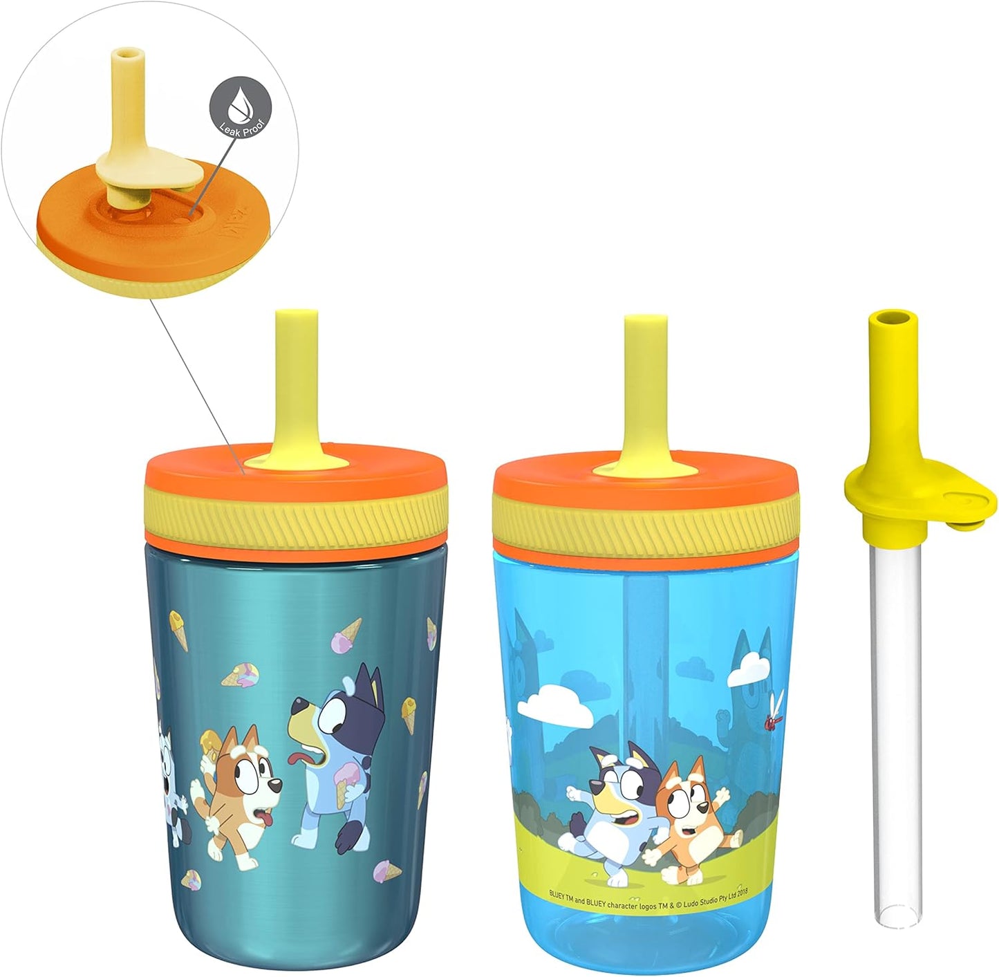Zak Designs Bluey Kelso Tumbler Set, 15 fl.oz. Leak-Proof Screw-On Lid with Straw, Bundle for Kids