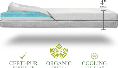 Organic Cotton 2-Sided Crib Mattress | Waterproof Washable Protector w/Ventilated Foam Lining | Light 2-in-1 Baby Mattress w/Firm Support for Infant & Soft CertiPUR Foam for Toddler | 52x27.5x4”
