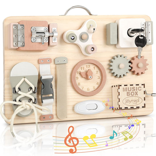 Joyreal Wooden Busy Board for Toddlers, Montessori Toys for 1 2 3 Year Old, Sensory Activity Board