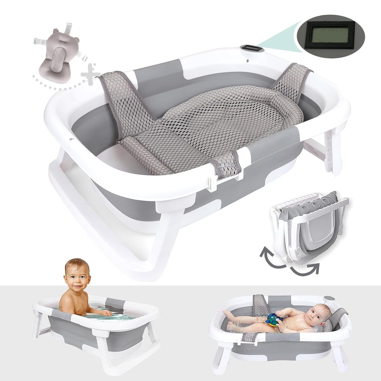BEBELEH™ Collapsible Baby Bathtub with Thermometer – Bathtub + Baby tub Sling + Newborn Sling