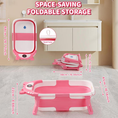 Baby Bathtub,Collapsible Baby Bath Tub with Thermometer & Soft Floating Cushion,Portable Travel