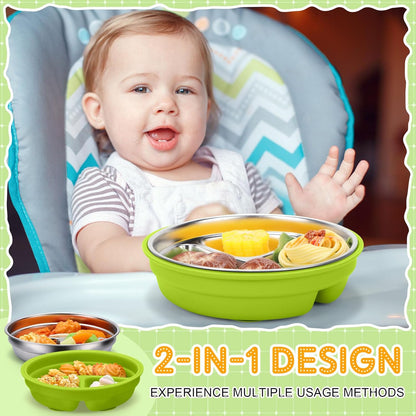 Nuogo 1 Pcs Stainless Steel Baby Suction Plates with Removable Silicone Shell 2-in-1 Metal Toddler Bowl Divided for Picky Eaters Kid Feeding Led Weaning Supply, Dishwasher Safe (Green)