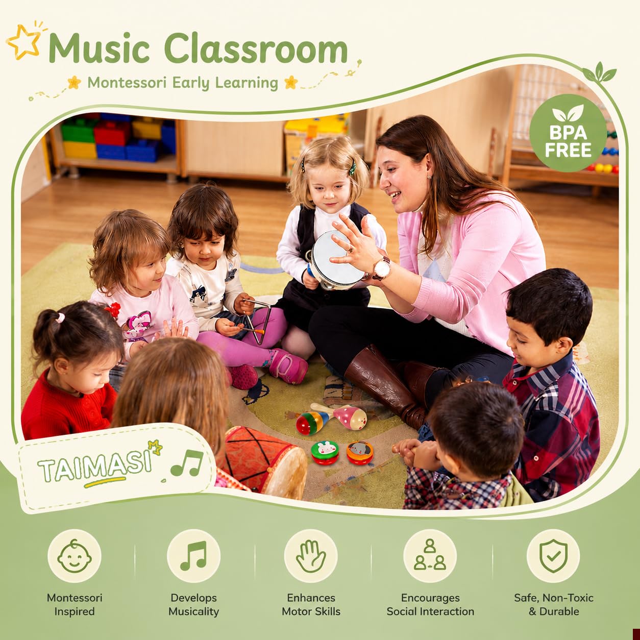 Kids Musical Instruments, 33Pcs 18 Types Wooden Percussion Instruments Tambourine Xylophone Toys