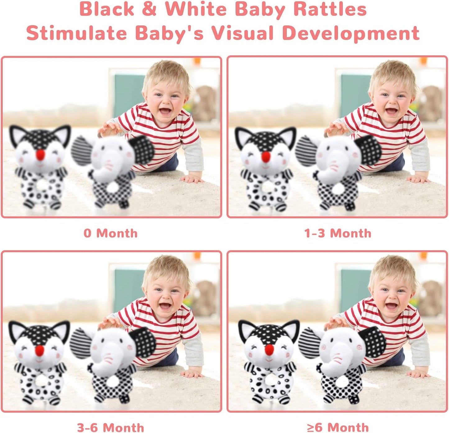 Baby Rattles 0-6 Months Newborn Toys Baby Toys 0-6 Months Rattles for Babies 0-6 Months Infant Toys 0-3 Months, Black & White High Contrast Baby Toys Plush Stuffed Toys for 0 3 6 9 12 Months Girl Boy